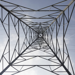Electricity pylon in the UK, low angle view, viewed from directy beneath