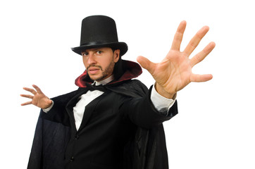 Man magician isolated on white