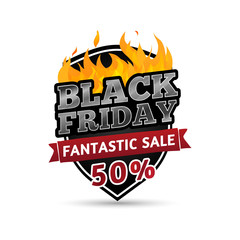 Forms shield retro logo, icon, label, sticker, tag, badge for Black Friday. The pattern of the fire. Vector