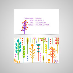 Template design business cards and invitations with a geometric pattern of flowers, plants, twigs, berries in a modern style. Vector. Place for your text