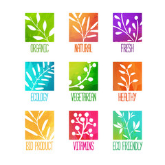 Set of logos, icons, labels, stickers or stamps. Silhouettes of twigs, leaves, plants, berries. Colored watercolor texture. Vector