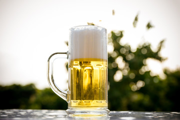 Beer golden white bubbles.