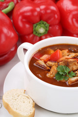Gulasch Suppe Gulaschsuppe mit Fleisch, Baguette und Paprika Nah