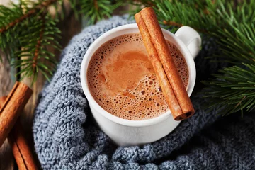 Photo sur Plexiglas Chocolat Cup of hot cocoa or hot chocolate on knitted background with fir tree and cinnamon sticks, traditional beverage for winter time