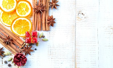 spices for mulled wine on a white wooden background. Christmas, New Year background.