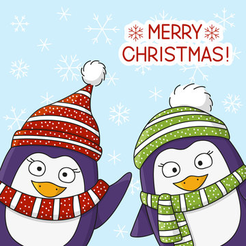 Christmas penguins on snow background 