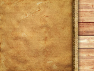 Creased handmade paper on wooden wall background