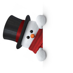 Snowman with top hat holding blank board sideways
