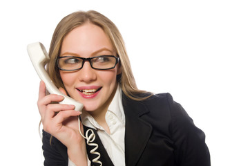 Pretty office employee holding phone isolated on white