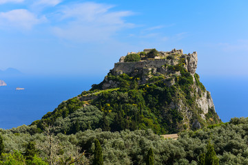 Fototapeta na wymiar Distant view at Angelokastro castle with Paleokastratsa on background, Corfu, Greece.