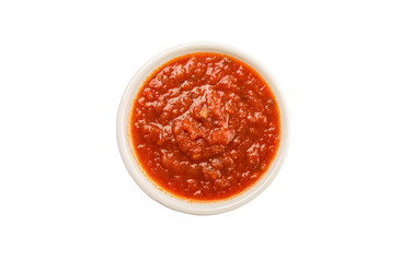 Spaghetti sauce in white bowl over white background