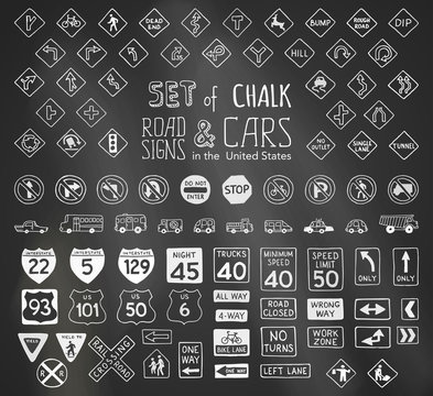 Vector set of chalk road signs in the United States and vehicles.