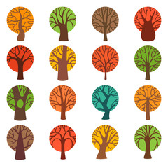 Set of colourful autumn tree icons.