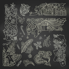 Vector set of chalk Christmas ornaments on blackboard background.
