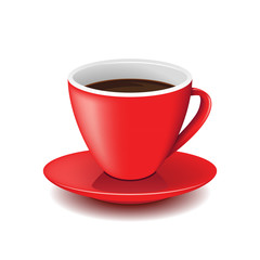 Red cup of coffee on plate isolated on white. Vector illustration.