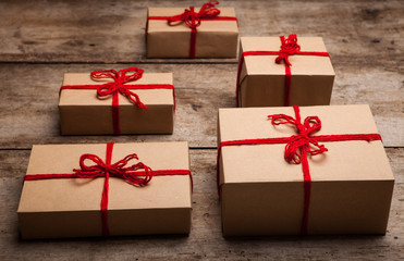 Stack of handcraft gift boxes. Christmas decoration