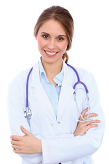 Friendly smiling young female doctor, isolated over white background