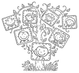 Family tree in pictures, black and white outline