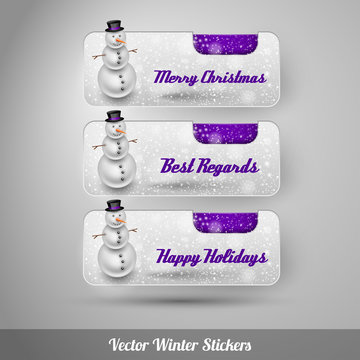 Winter stickers with snowman. Vector design elements