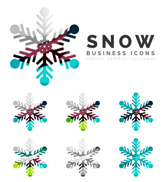 Set of abstract colorful snowflake logo icons, winter concepts, clean modern geometric design