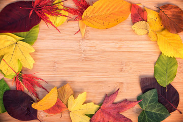 Fototapeta na wymiar Frame of colorful autumnal leaves, wooden background