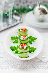 Cucumber Rolls Stuffed with Feta, Herbs, Capsicum and Black Oliv