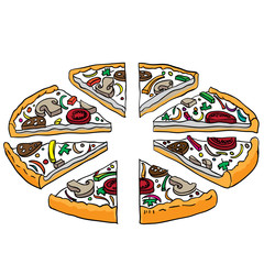cartoon illustration of tasty sliced pizza