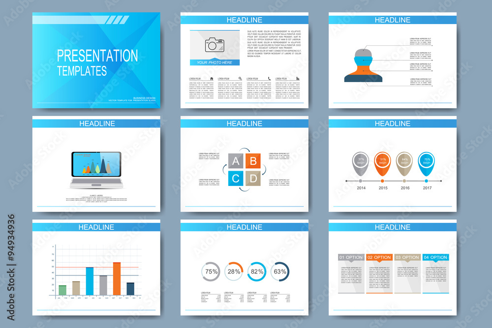 Poster Set of vector templates for multipurpose presentation slides. Modern business design with graph and charts