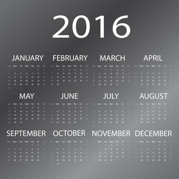 Simple calendar 2016 dark blake tone, Vector EPS 10
