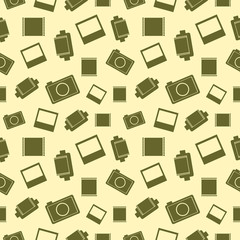 Vector seamless pattern with elements of retro camera, film and photo over beige background.