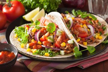 mexican tacos with beef tomato salsa onion corn