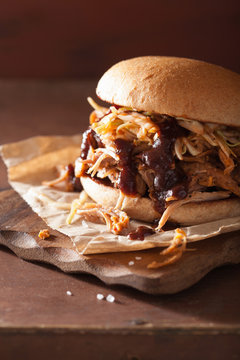 Homemade Pulled Pork Burger With Coleslaw And Bbq Sauce