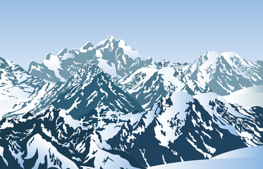 Snowy mountains in the morning. Vector illustration of winter mountain peaks.