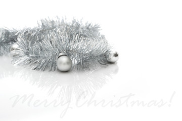 Greeting card made of silver tinsel with silver christmas balls