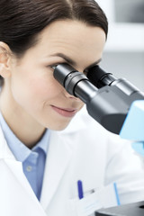 close up of scientist looking to microscope in lab