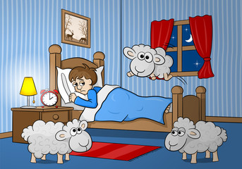 Schafe springen über das Bett eines schlaflosen Mannes