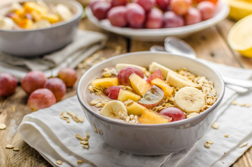 Homemade granola with fruit and chocolate