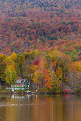 Beautiful autumn foliage and cabin in Elmore state park, Vermont