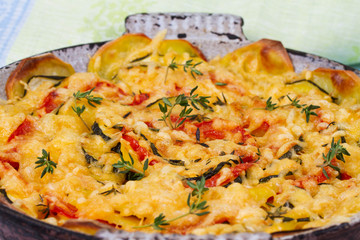 Baked Tomatoes, Zucchini and Potatoes with Thyme and Parmesan Cheese