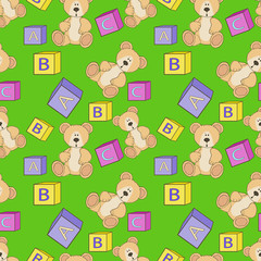 Fototapeta premium Cute teddy with alphabet toy cubes