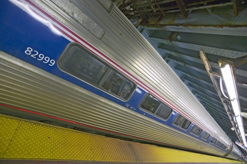 Angled view of Amtrak train in Penn Station, New York City, Manhattan, New York