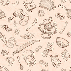 Baking doodle background. Vector seamless pattern with kitchen tools. Hand drawn baking utensils.