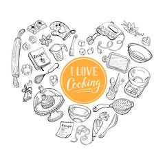 I love cooking poster concept.  Baking tools in heart shape. Poster with hand drawn kitchen utensils.