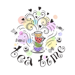 Tea time poster concept. Tea party card design. Hand drawn doodle illustration with teapots, cups and sweets.