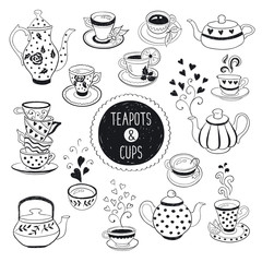 Hand drawn teapot and cup collection. Doodle tea cups, coffee cups and teapots isolated on white background. Vector illustration on tea time icons for cafe and restaurant menu design.