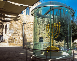 Golden Menorah - copy of one used in Second Temple in Jewish Quarter .  Jerusalem, Israel
