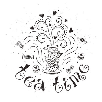 Tea time poster concept. Tea party card design. Hand drawn doodle illustration with teapots, cups and sweets.