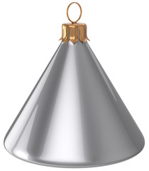 Christmas ball cone geometric New Year's Eve unusual bauble white decoration hanging adornment chrome silver. Traditional wintertime holidays home ornament Merry Xmas event symbol. 3d render isolated