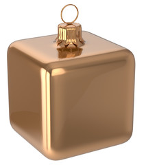 Christmas ball cube geometric New Year's Eve unusual bauble golden decoration hanging adornment. Traditional wintertime holidays home square ornament Merry Xmas symbol silver shiny. 3d render isolated