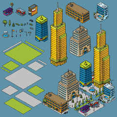 A cartoon set of isometric urban objects such as office buildings, parks and trees that can be used and combined with other sets to create cartoon urban scenes.